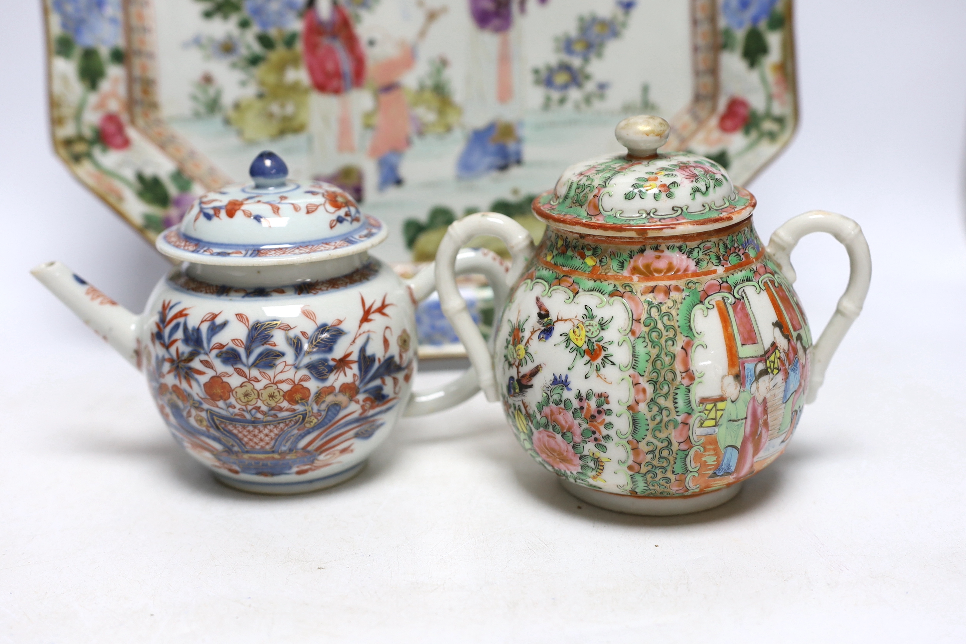 A Chinese Imari pattern teapot, a Cantonese lidded jar and an octagonal Japanese charger